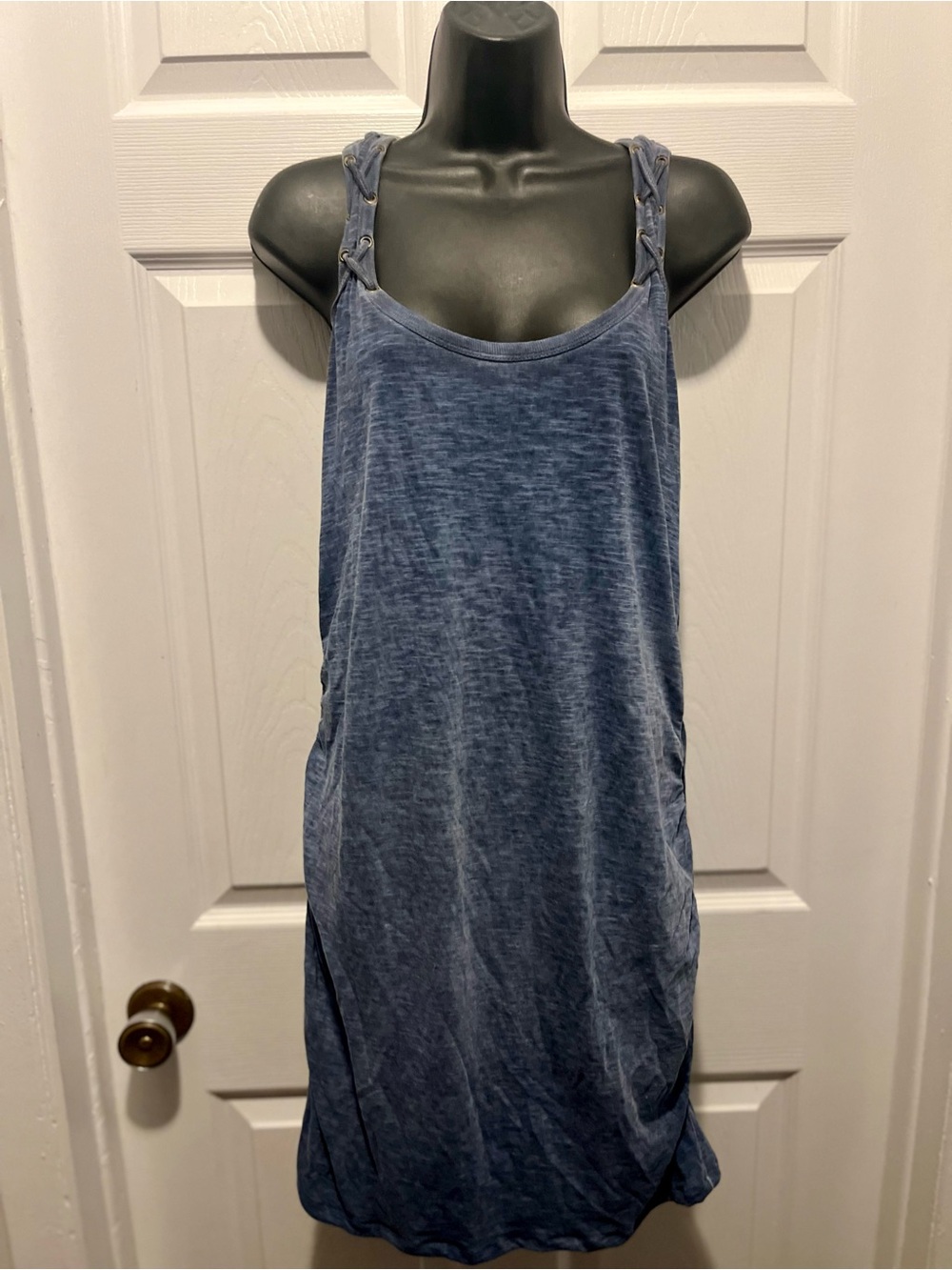 Foxy Jeans Y2K Blue Denim Wash Lace Up Tank Mini Dress Large Sleeveless Grunge